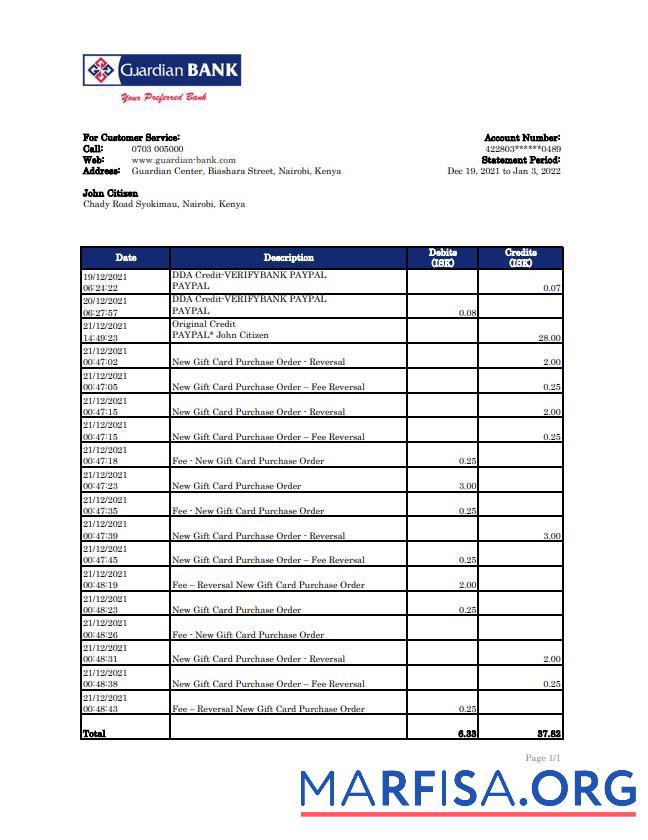 Realistic Kenya Guardian bank statement excel real example